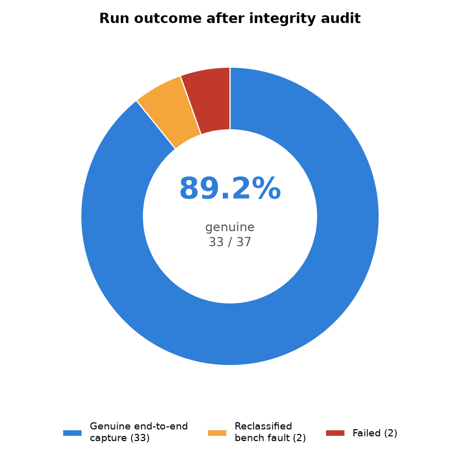 Figure 3: Run outcome after the integrity audit: 89.2 percent genuine (33 of 37)