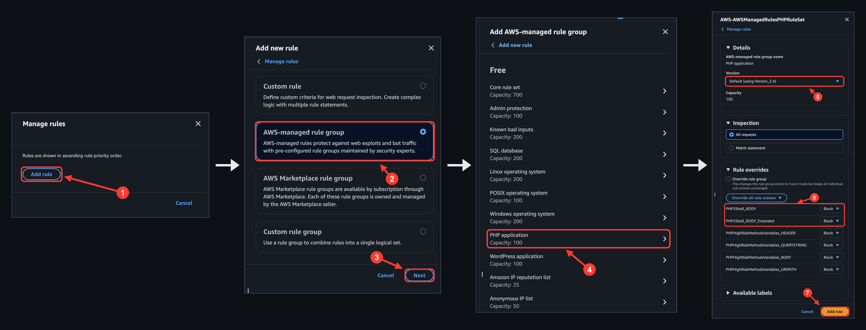 Figure 1: Adding the PHP application managed rule group in the AWS WAF console.