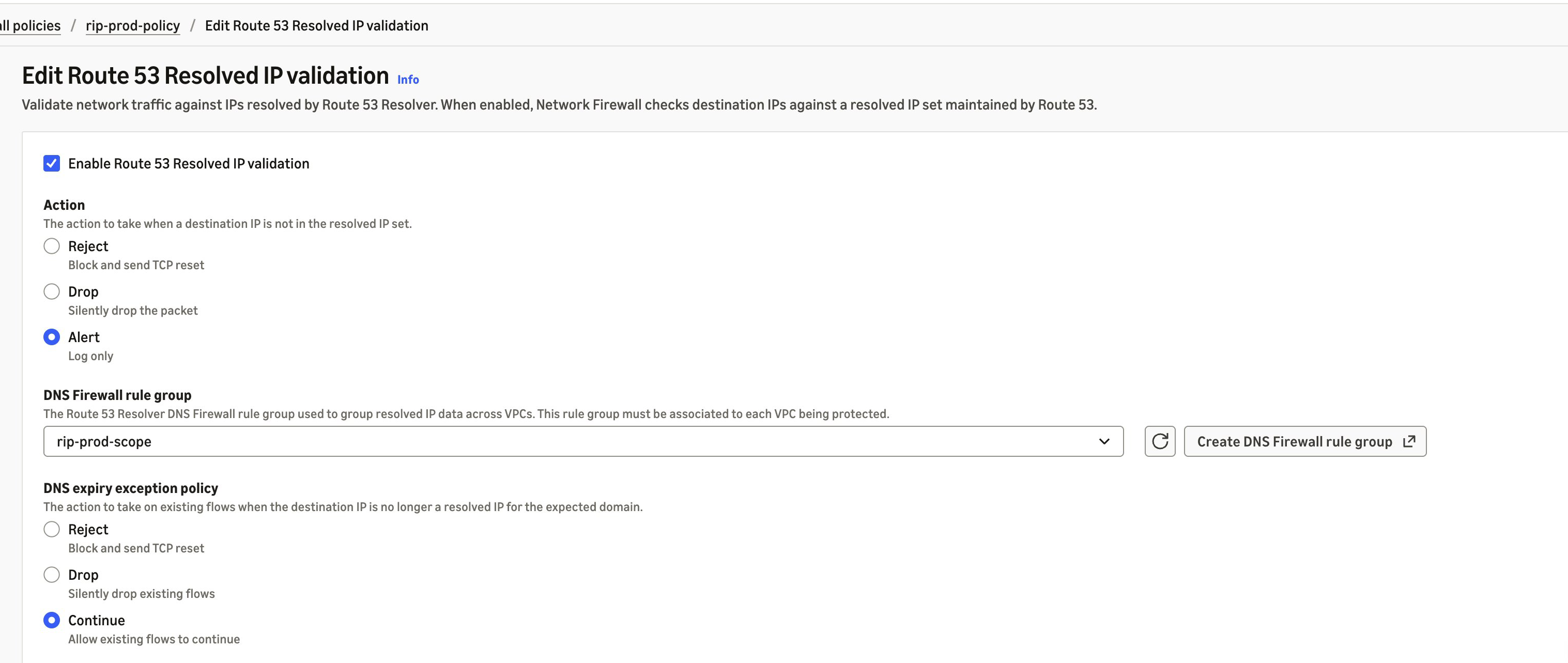 Figure 2. Route 53 Resolved IP Validation turned on in alert mode
