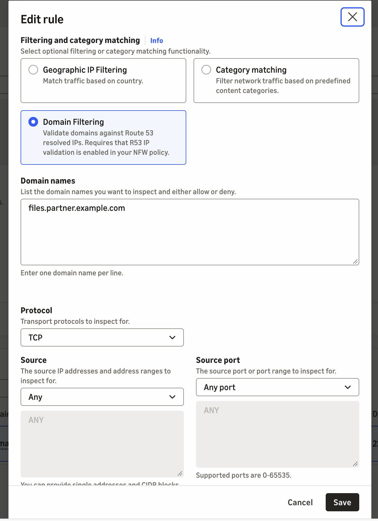 Figure 3. A pass rule for SFTP on TCP port 22, scoped to the partner's domain name