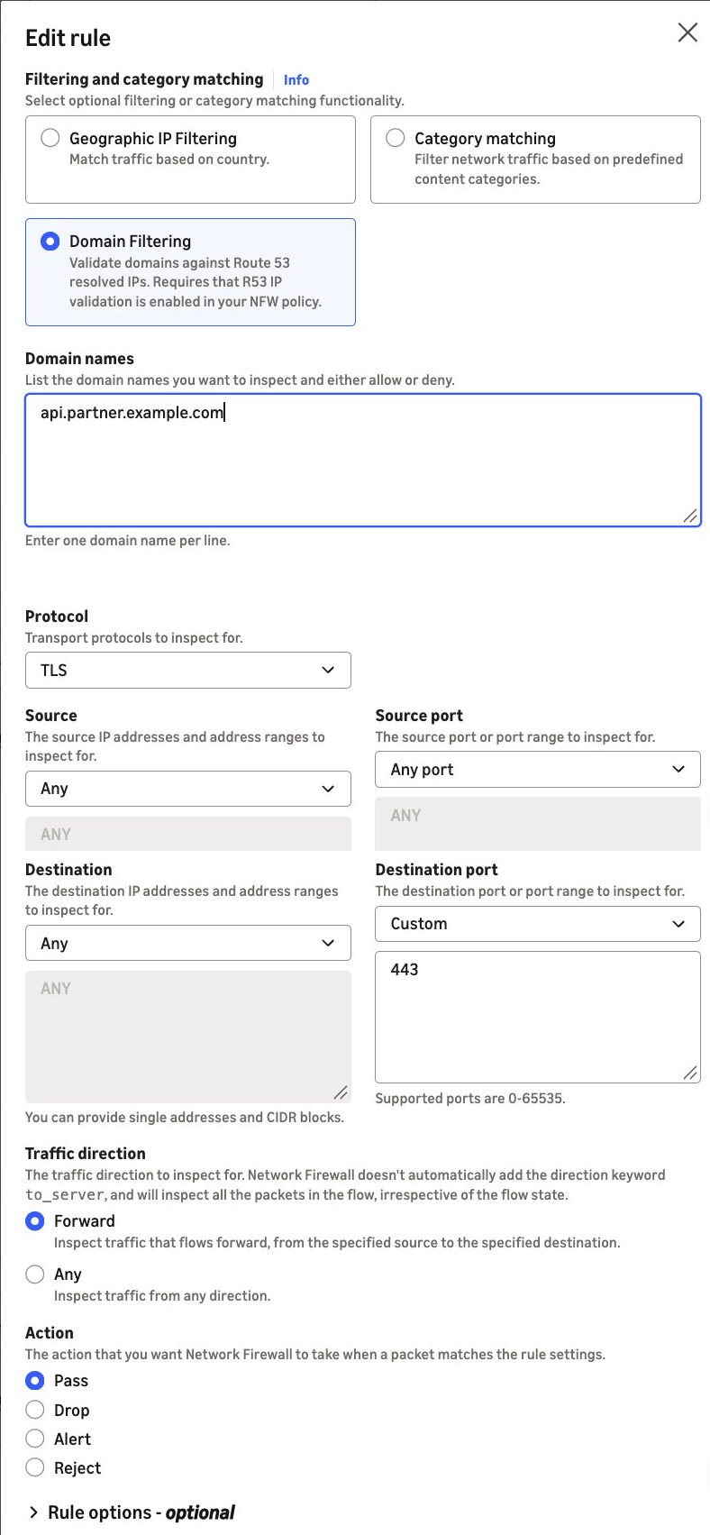 Figure 4. A pass rule for TLS on port 443, scoped to the partner's domain name