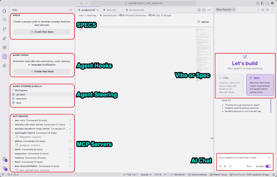 Kiro IDE 화면 - Spec 모드와 Vibe 모드 선택, Steering 설정, MCP 서버 연결 화면