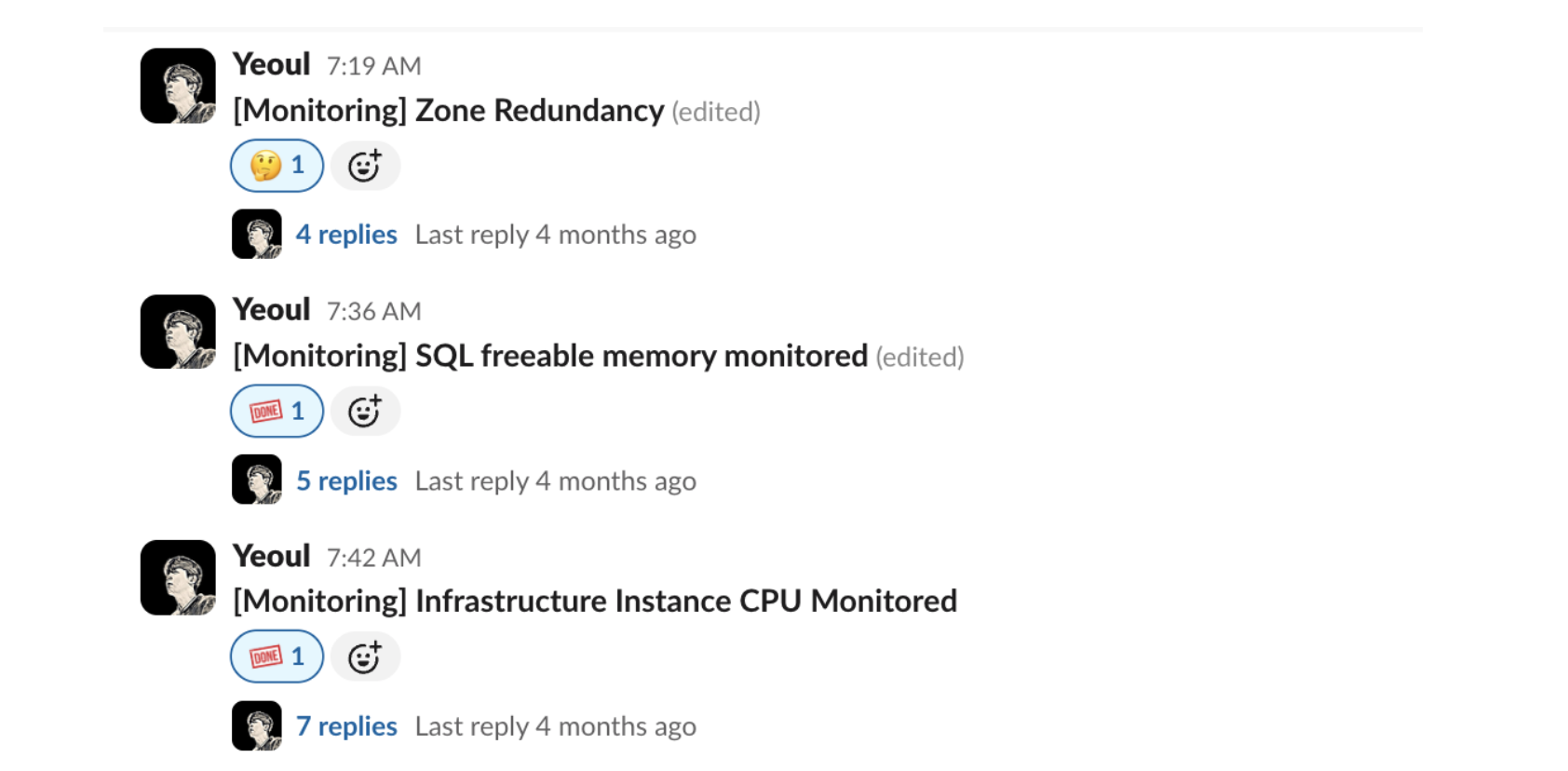 Slack 채널에서 통제 항목별로 스레드를 관리하는 모습. Zone Redundancy, SQL freeable memory monitored, Infrastructure Instance CPU Monitored 등 모니터링 관련 논의가 각각 별도 스레드로 진행되고 있다.