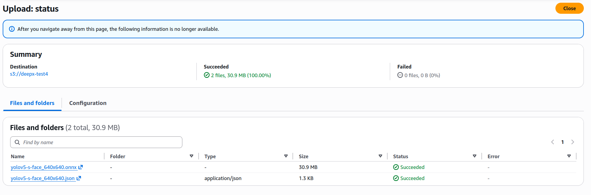 Amazon S3 업로드 상태 화면 스크린샷으로, s3://deepx-test4 버킷에 yolov5-s-face_640x640.onnx(30.9MB)와 yolov5-s-face_640x640.json(1.3KB) 두 파일이 모두 Succeeded 상태로 업로드 완료되었음을 보여준다.