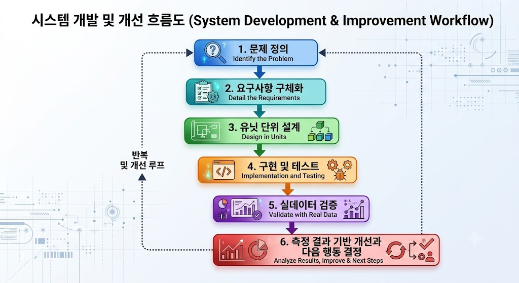문제 정의부터 측정 결과 기반 개선까지 반복되는 시스템 개발 및 개선 흐름도