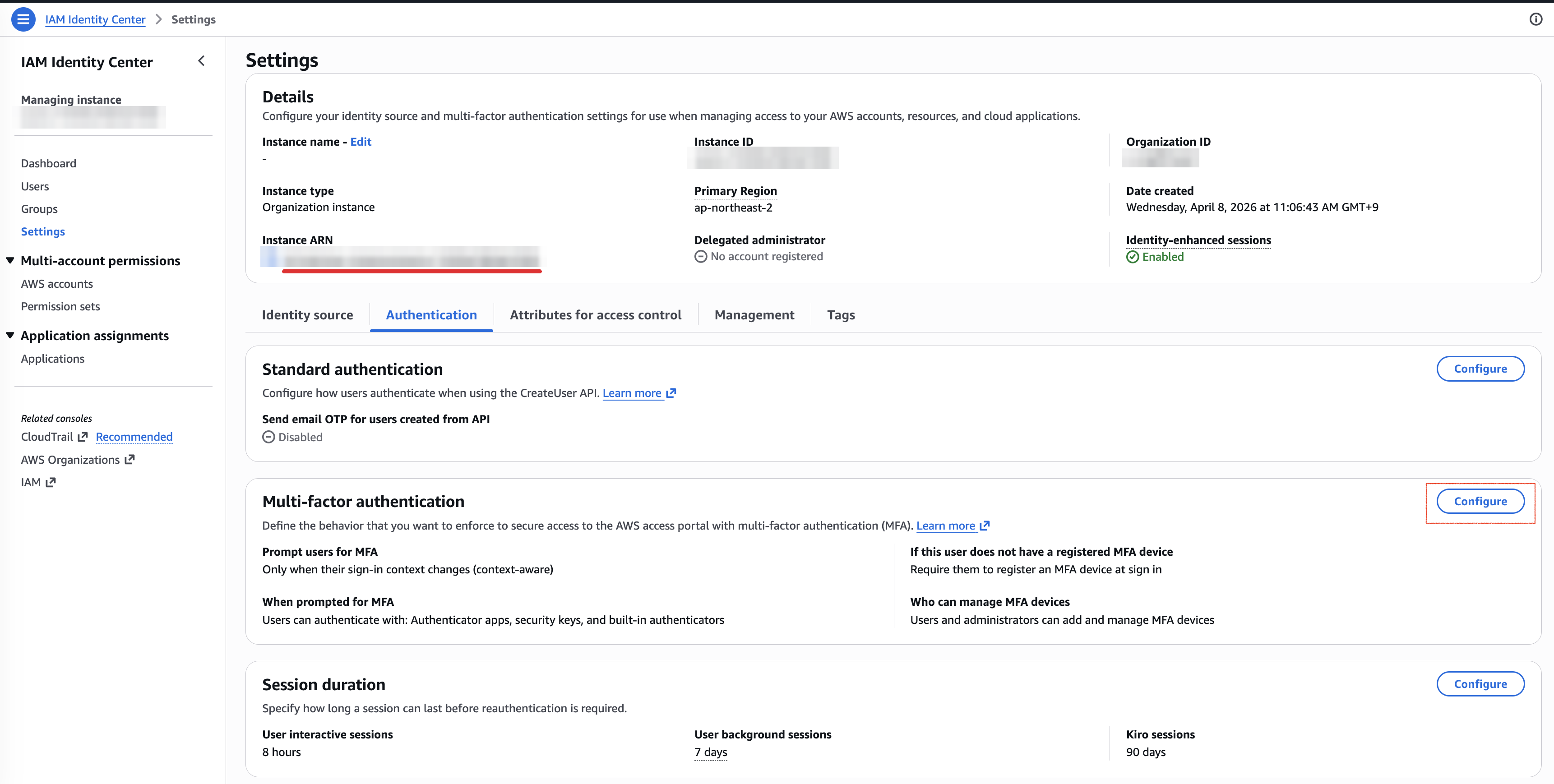 IAM Identity Center Settings의 Authentication 및 MFA 설정