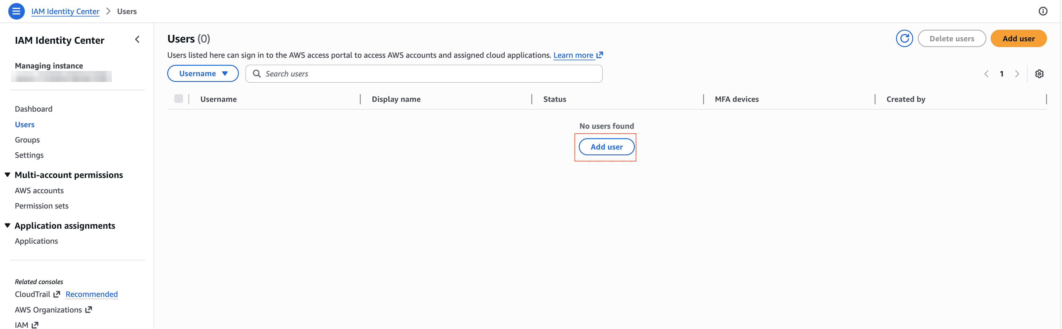 IAM Identity Center Users 목록의 Add user 버튼
