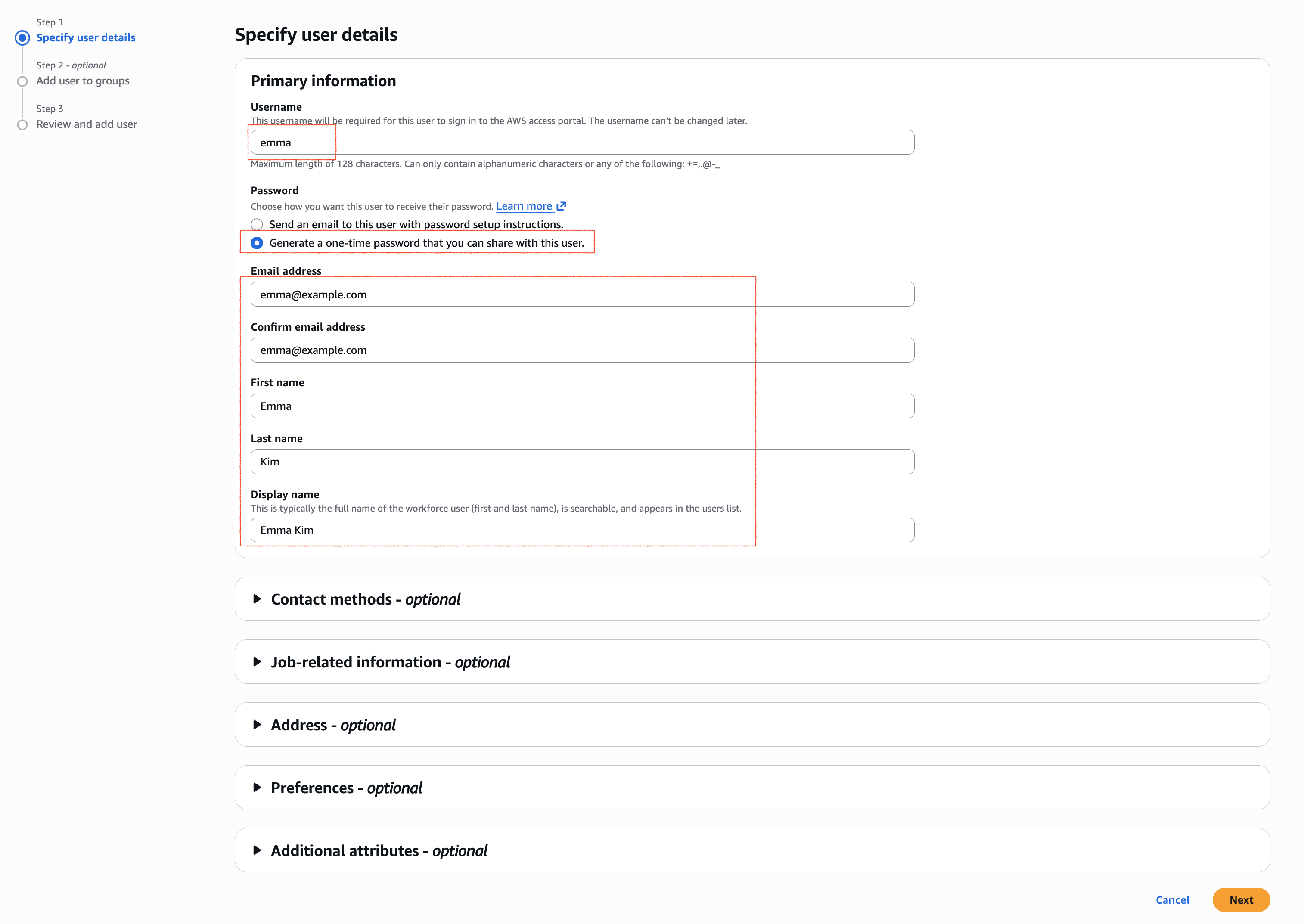 IAM Identity Center 테스트 사용자 정보 입력