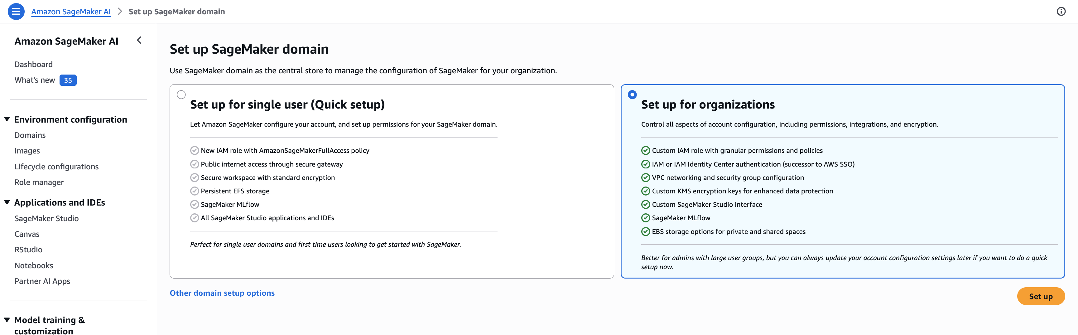 SageMaker 도메인의 Set up for organizations 선택