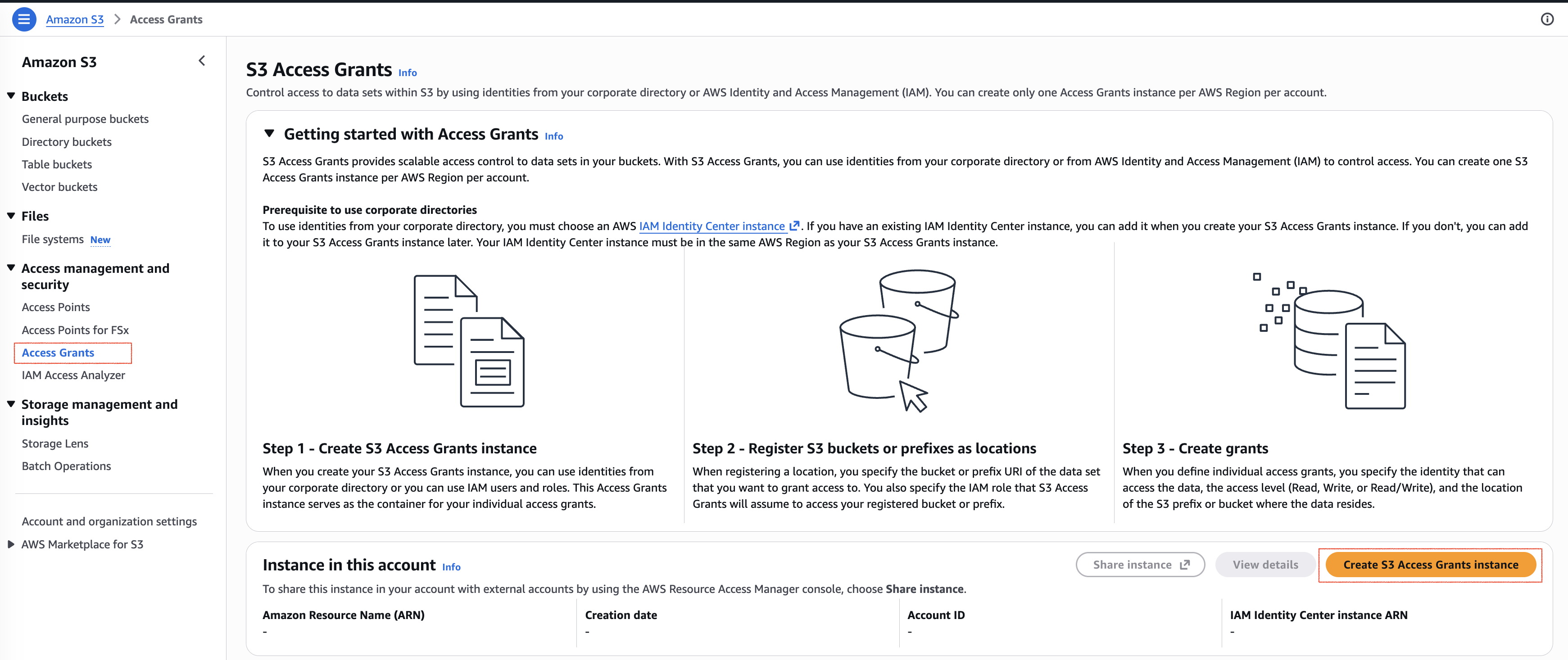 S3 Access Grants의 인스턴스, 위치 등록 및 Grant 생성 절차