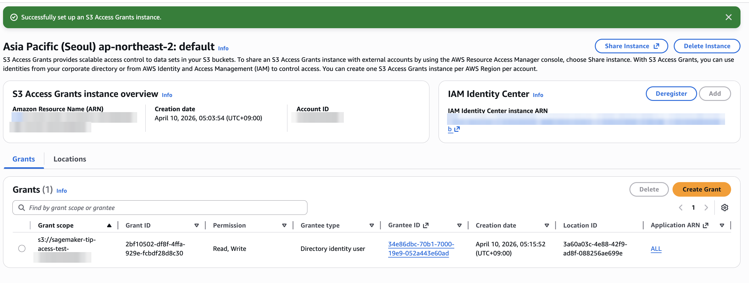 S3 Access Grants 인스턴스에 생성된 사용자 Grant