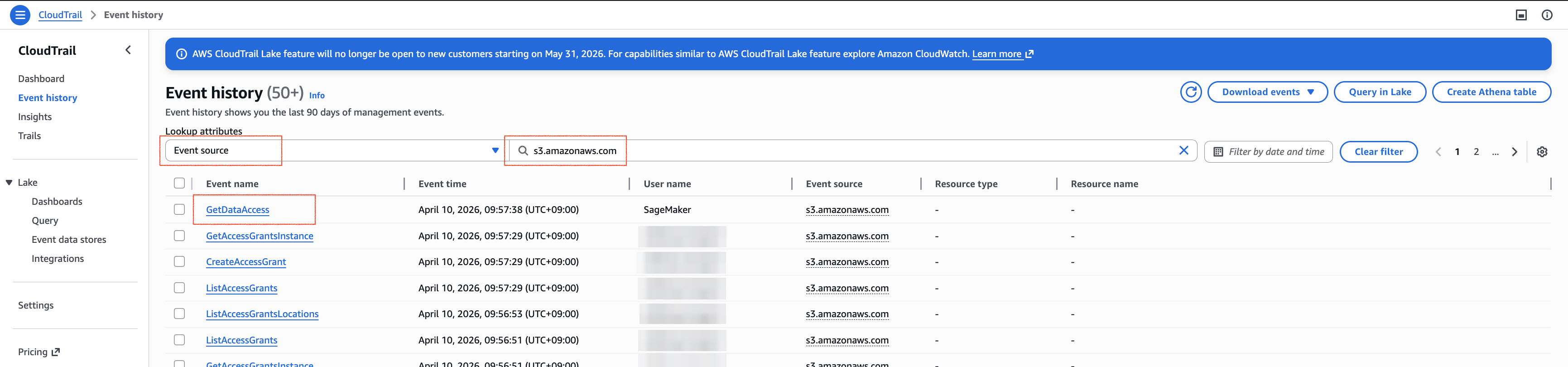 CloudTrail Event history의 GetDataAccess 이벤트 검색