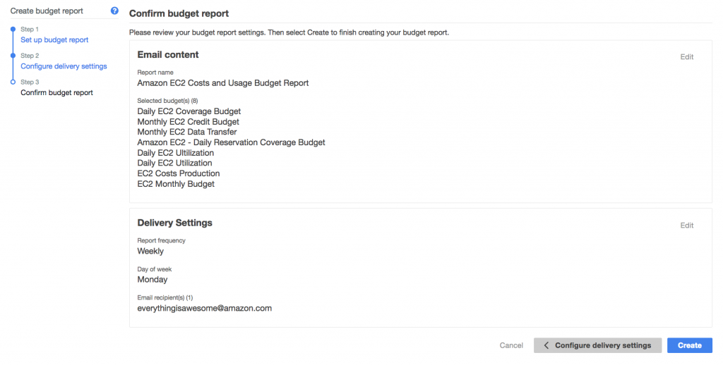 Confirm Budget Report Details