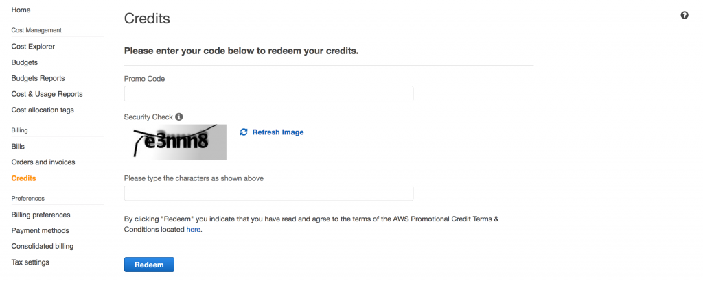 Add your AWS Credits