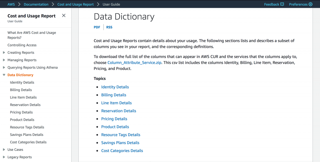 Cost & Usage Report Data Dictionary