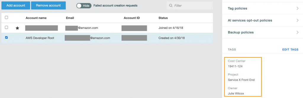 Figure 3: Adding tags to AWS Accounts in AWS Organizations