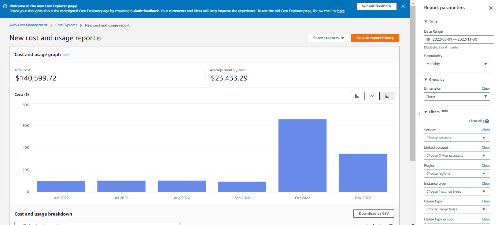 Figure 1: Cost Explorer UI update: Title, total cost, date range