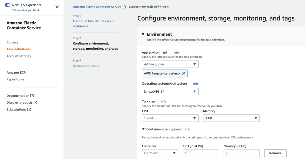 Create a new task definition with your infrastructure requirements