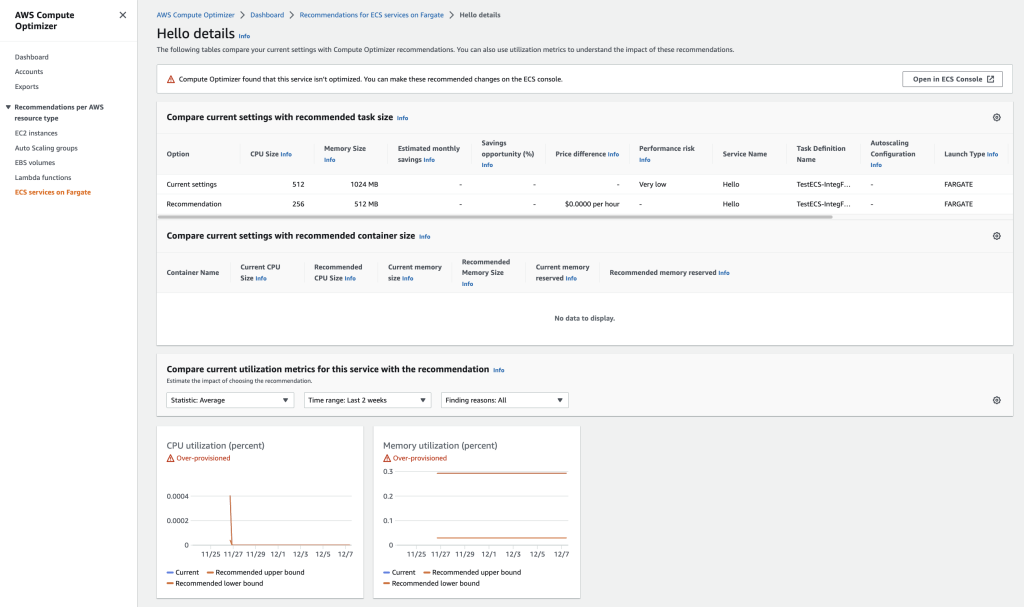 Sample view of detailed pricing information between current and recommended settings on a single service