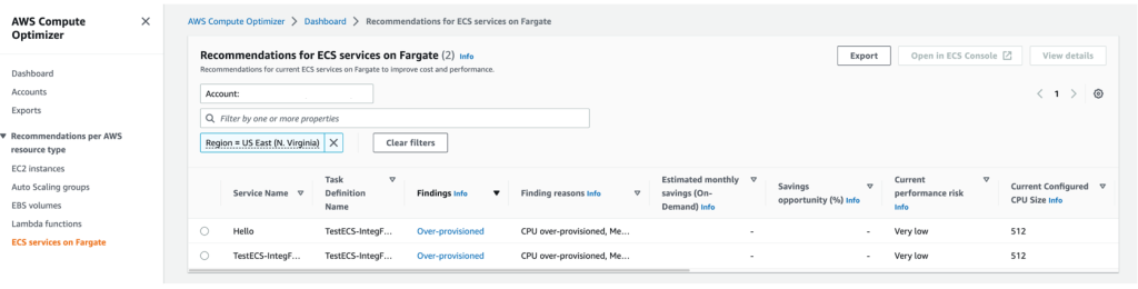 Sample view of recommended CPU and memory settings, current performance risk, and estimated monthly savings for each Amazon ECS service 