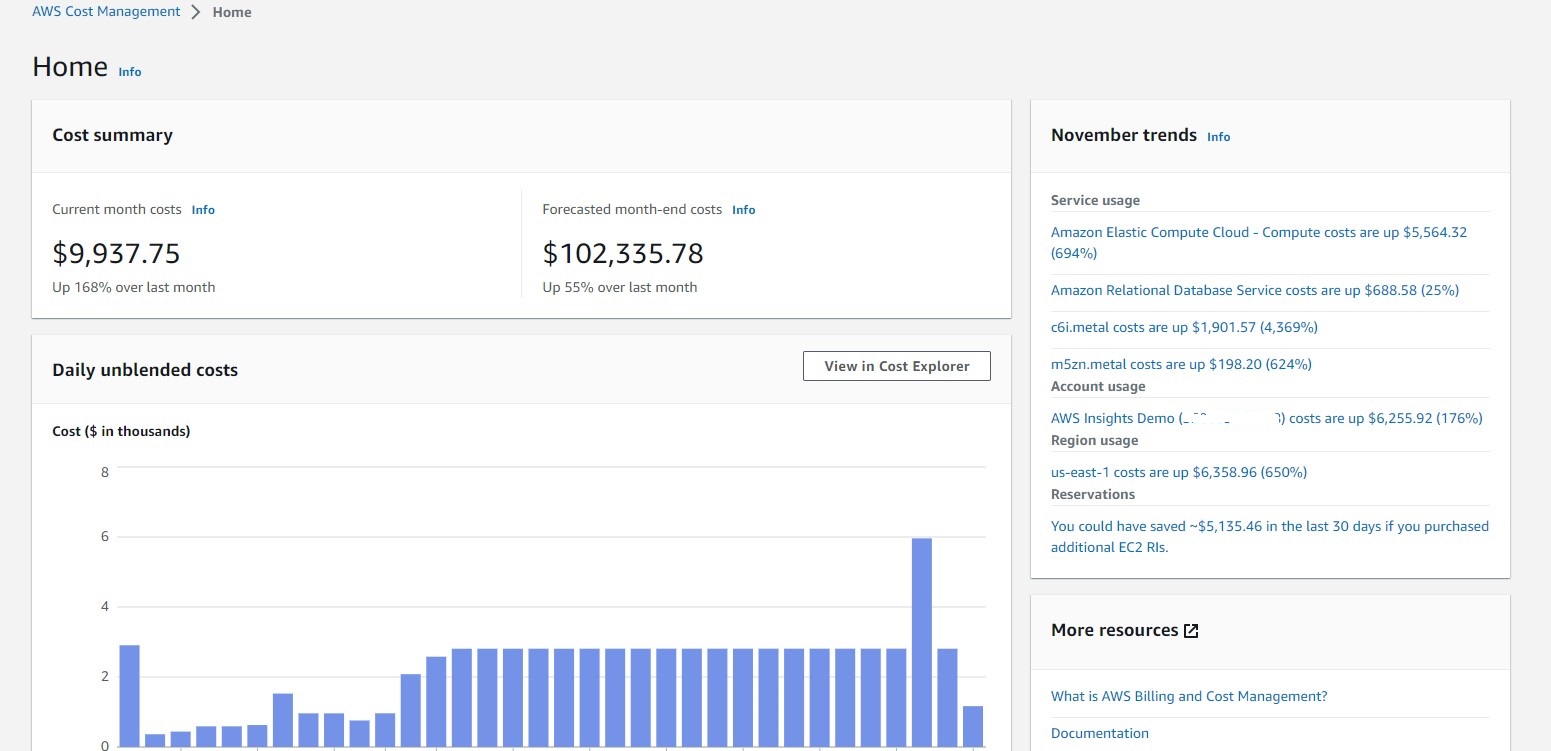 Figure 10: Cost Explorer Home Page: Monthly Summary and Trend