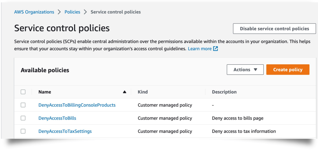 Figure 3: Service control policies under AWS Organizations