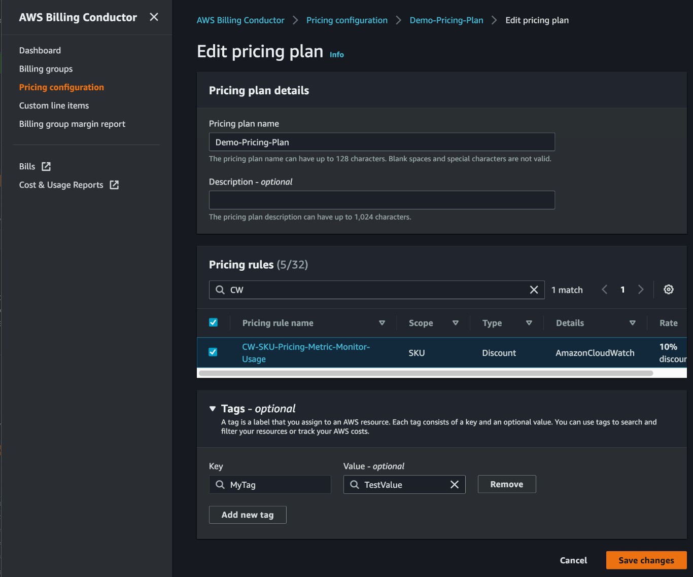 Edit an existing pricing plan by adding the newly created pricing rule