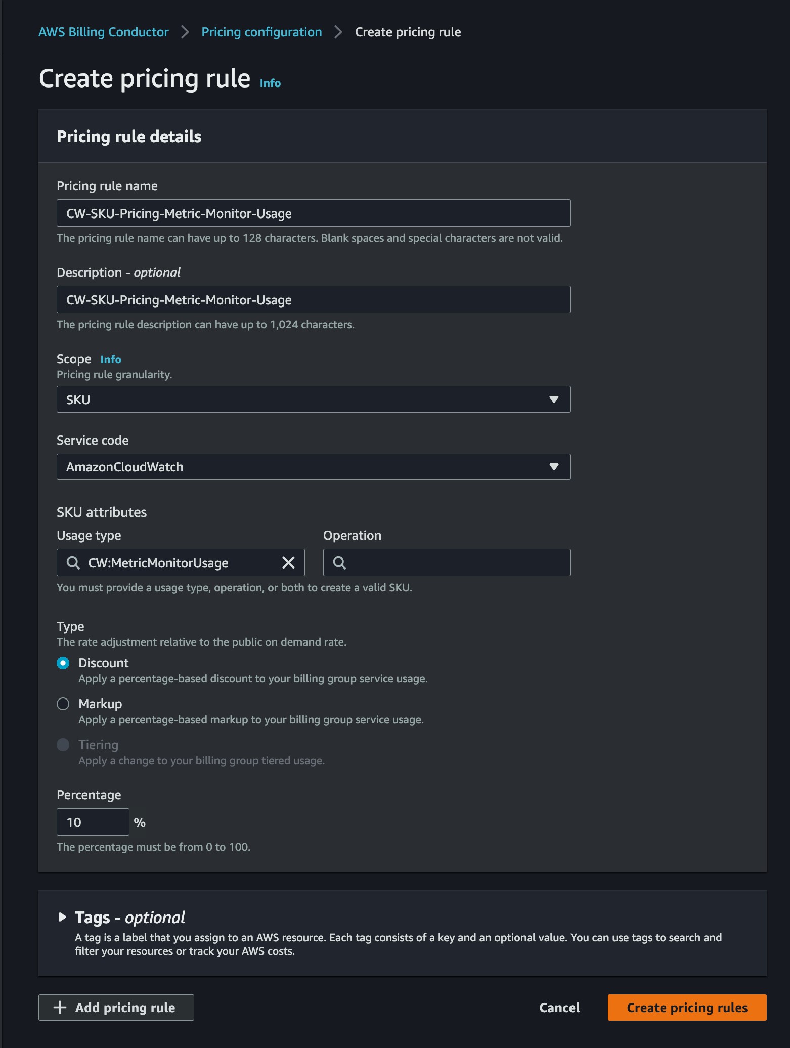 Define the new pricing rule parameters in AWS Billing Conductor