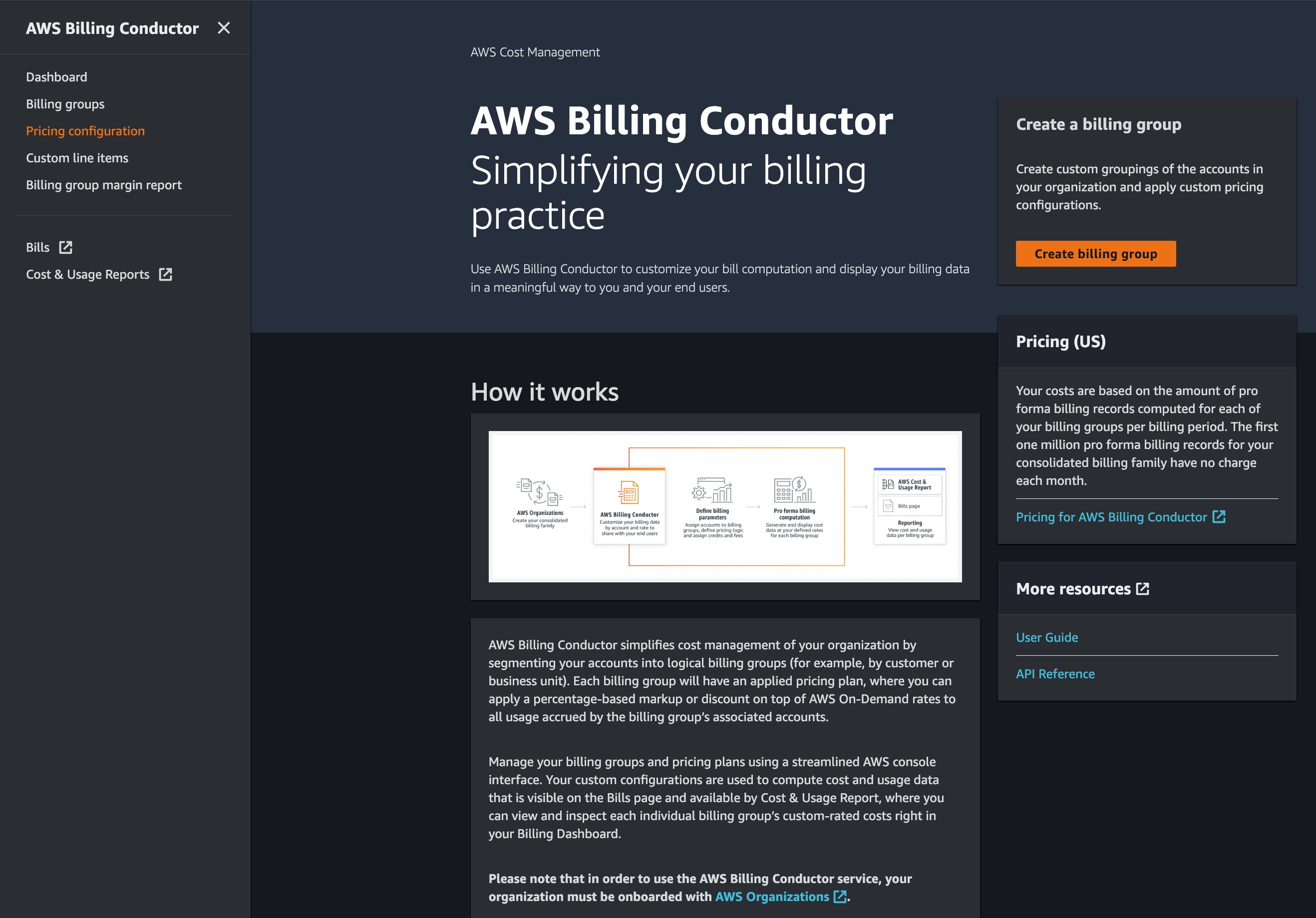 Click "Pricing Configuration" in left-hand navigation of AWS Billing Conductor landing page