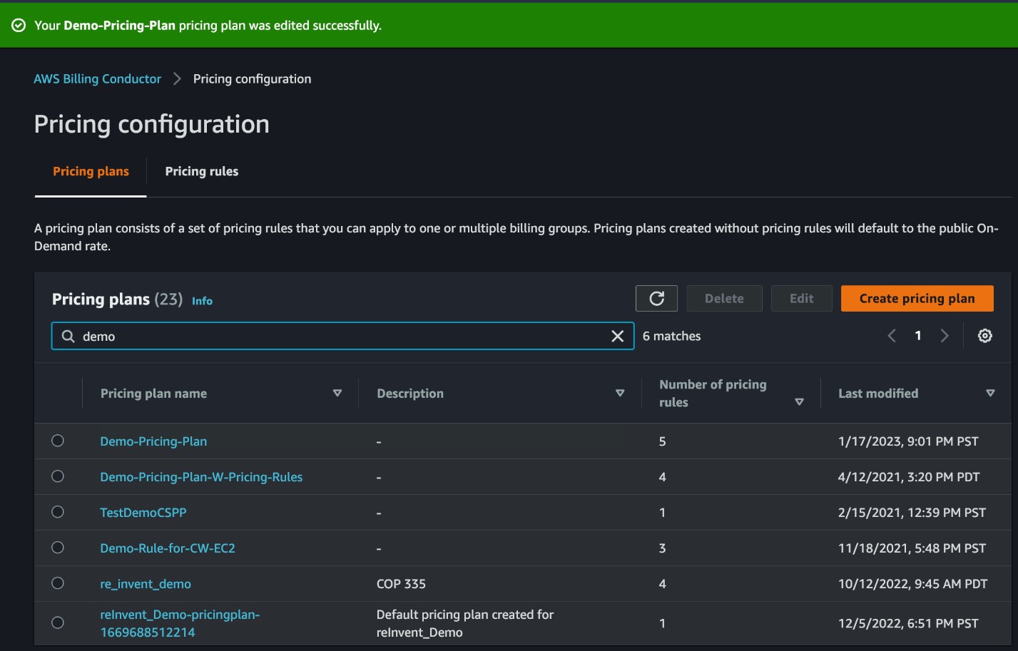 Confirmation of successful pricing plan edit