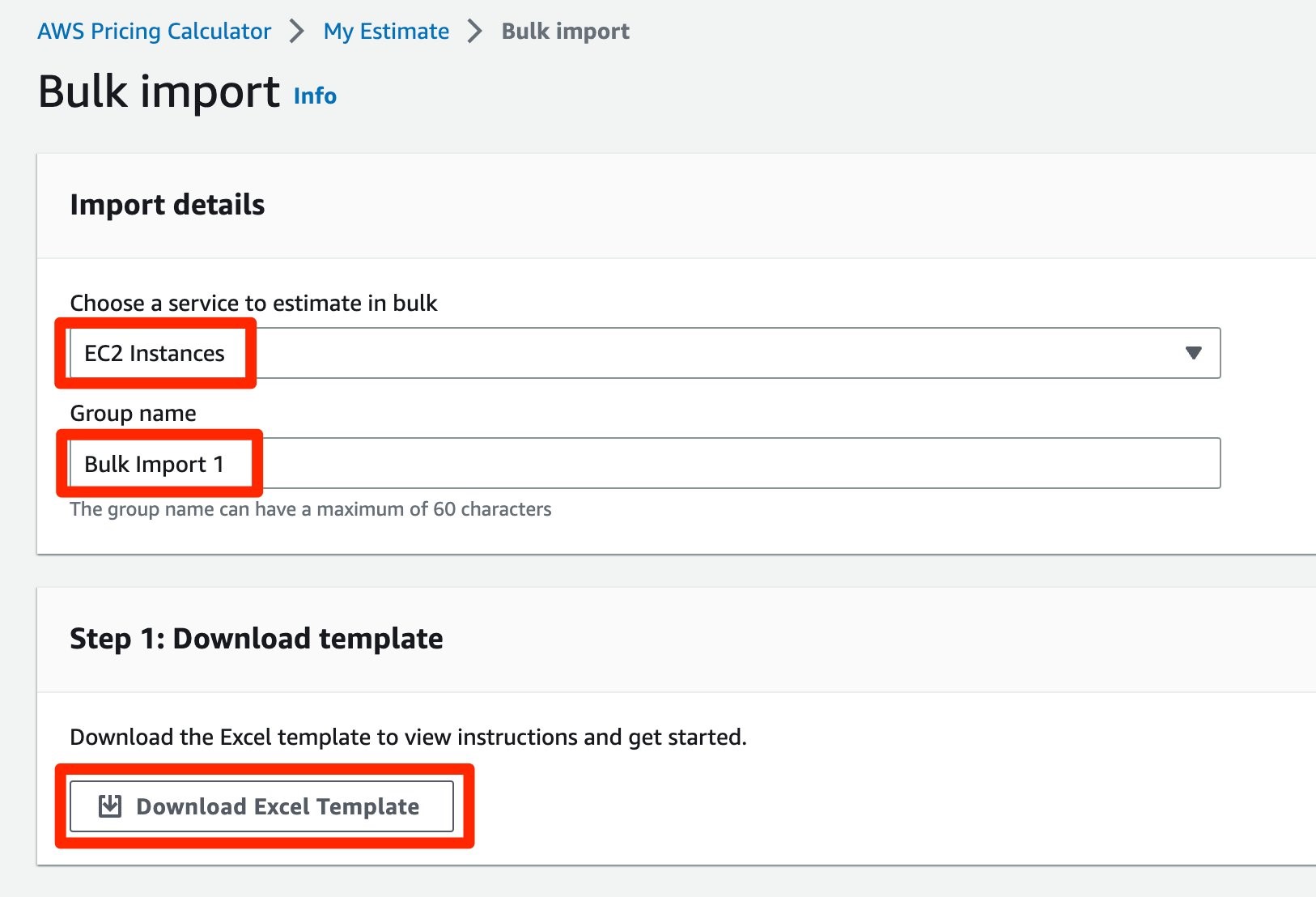 download the template in AWS Pricing Calculator