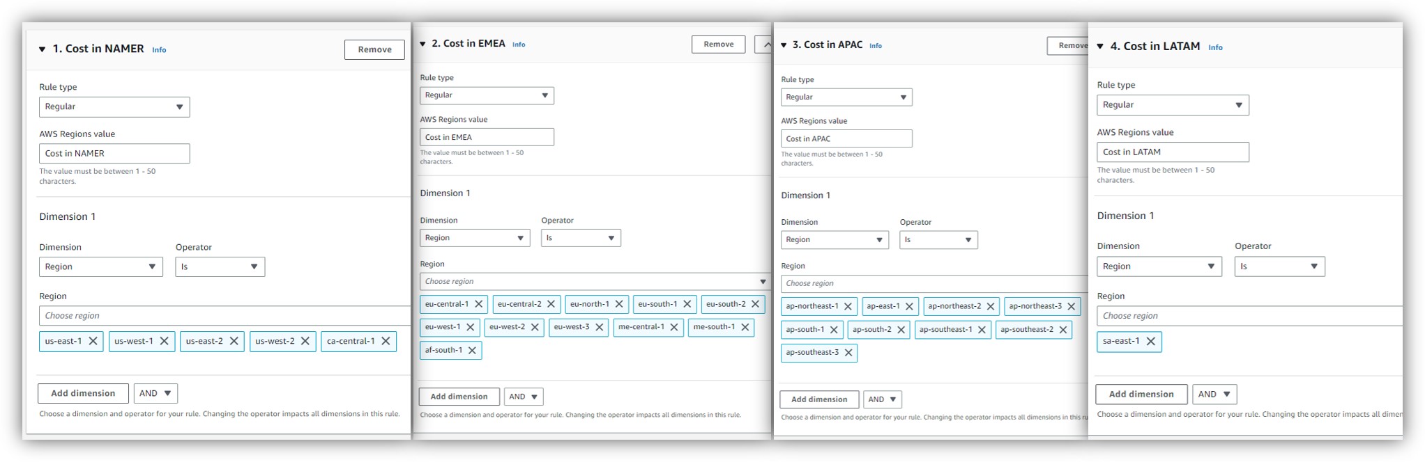 Figure 2: Cost category “AWS Regions” built with the new “Region” dimension