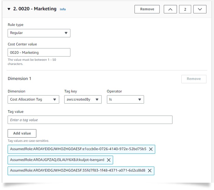 Figure 5:Cost Category rule “0020 – Marketing” from the existing Cost Category “Cost Center“ 