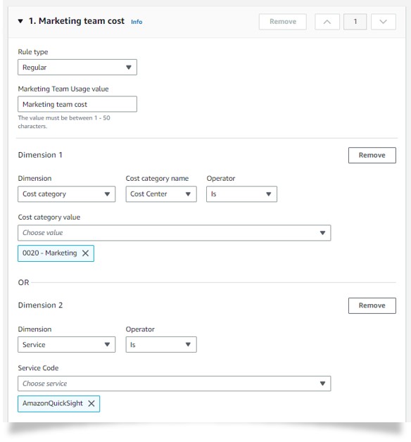 Figure 6: Cost Category rule “Marketing Team cost” for the new Cost Category “Marketing Team Usage”