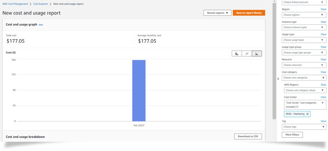 Figure 8: Cost Explorer view with Cost Category “Cost Center” and value ““0020 – Marketing” cost category rule” 