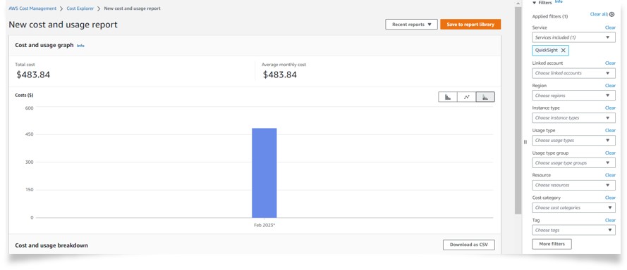 Figure 9: Cost Explorer view with Service filter and value “Amazon QuickSight”. 