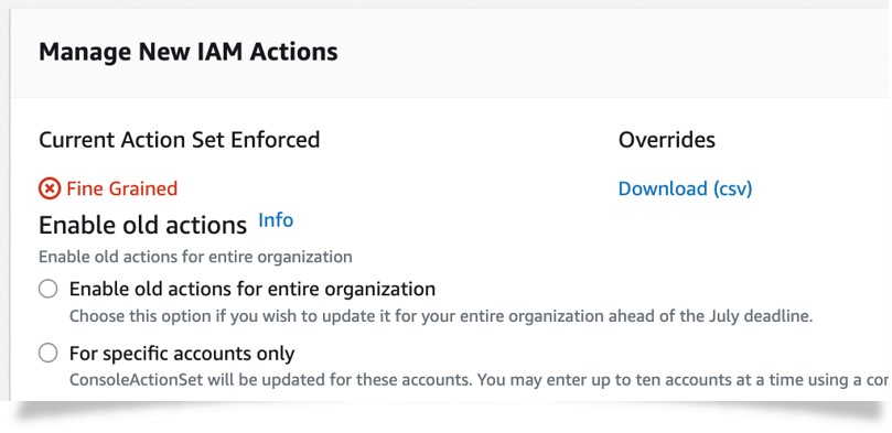 Figure 11. Management Account user view - New (fine-grained) IAM actions enforced within organization with subset of accounts using old IAM actions