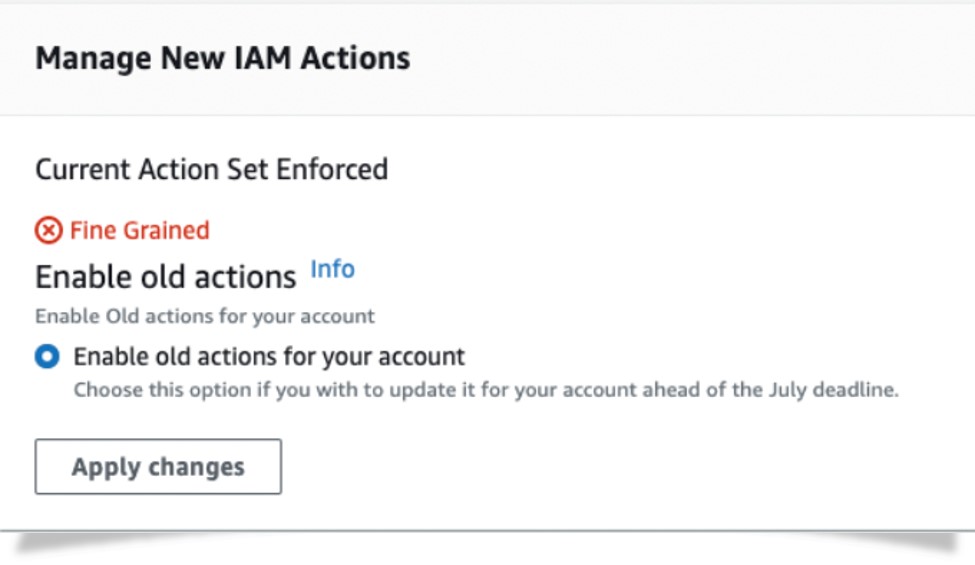 Figure 8. New (fine-grained) IAM action enforced, toggle to old IAM actions 