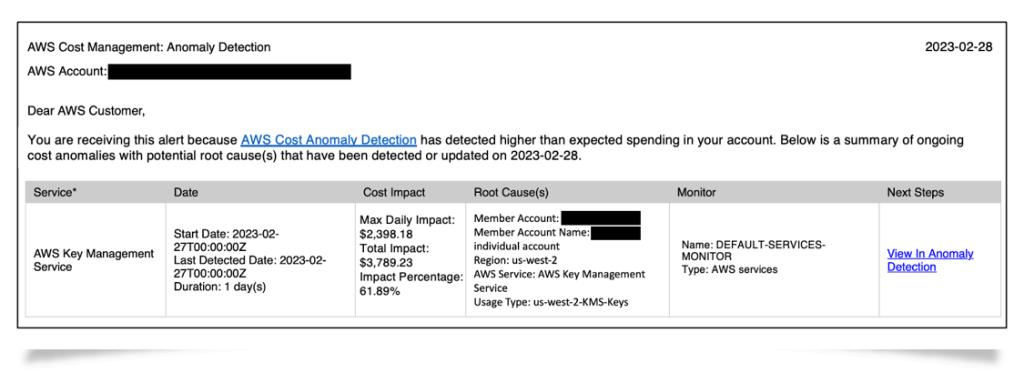 Figure 1: Daily anomaly summary email table, to learn more about the terms used, go to the Cost Anomaly Detection documentation.