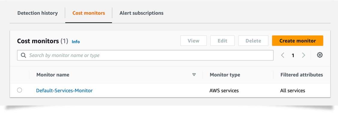 Figure 3: Cost Anomaly Detection’s cost monitor page