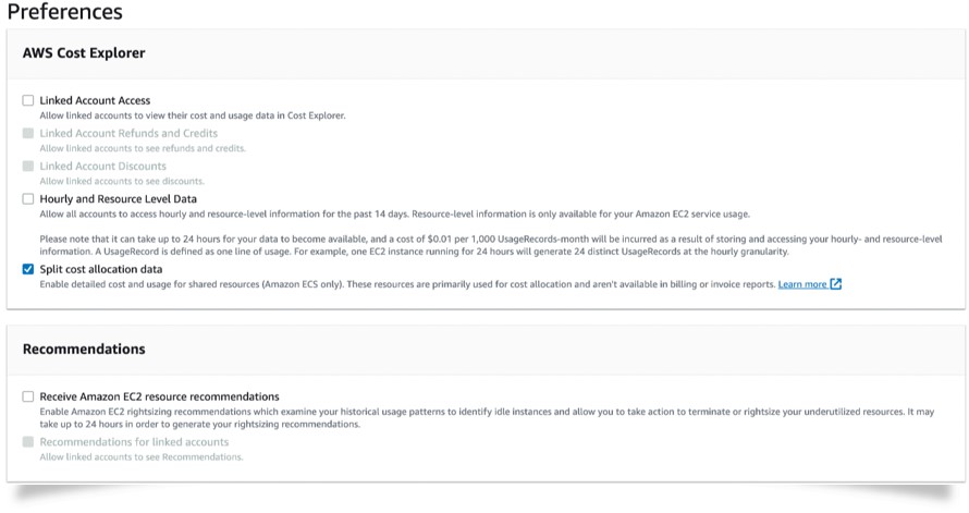 Figure 1. Enable “Split cost allocation data” from Cost Explorer preferences