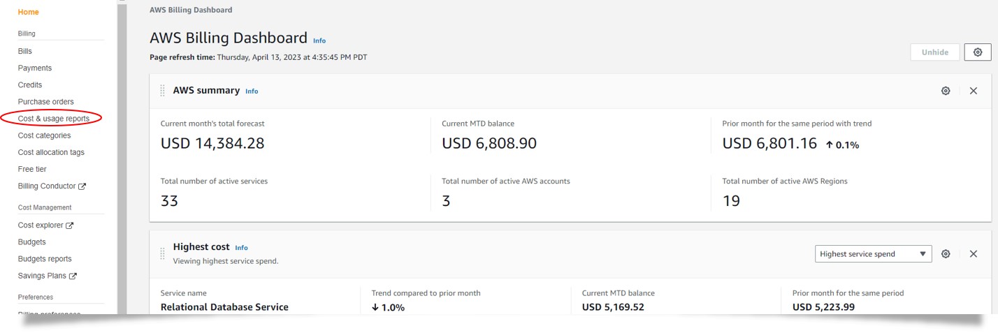 Image 1: Locate Cost & Usage reports in the Billing Console