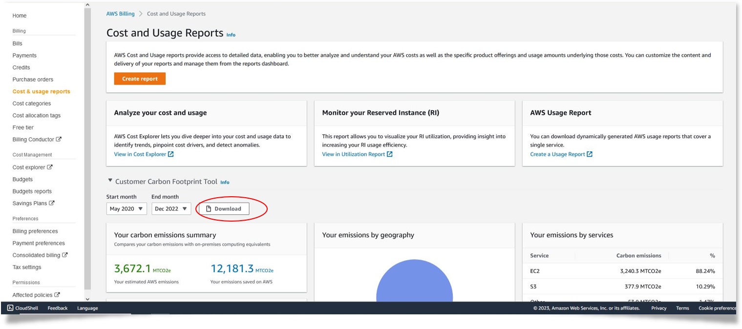 Image 2: Customer Carbon Footprint Tool summary charts and the “download” button 