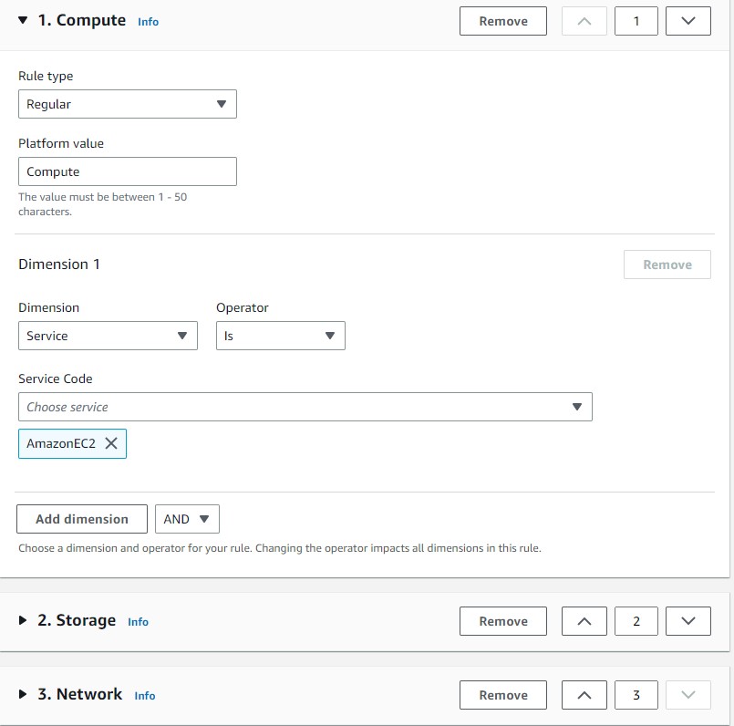 Figure 4: Setting up child cost category Platform values and rules