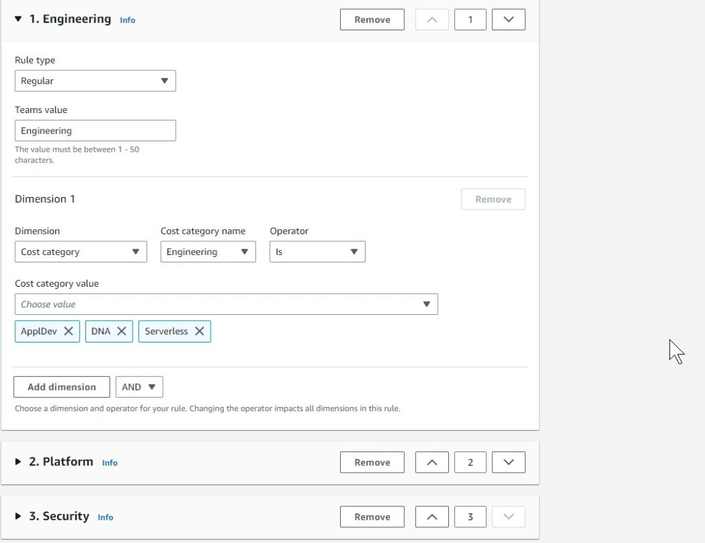 Figure 5: Setting up parent cost category Teams and mapping child cost categories within it