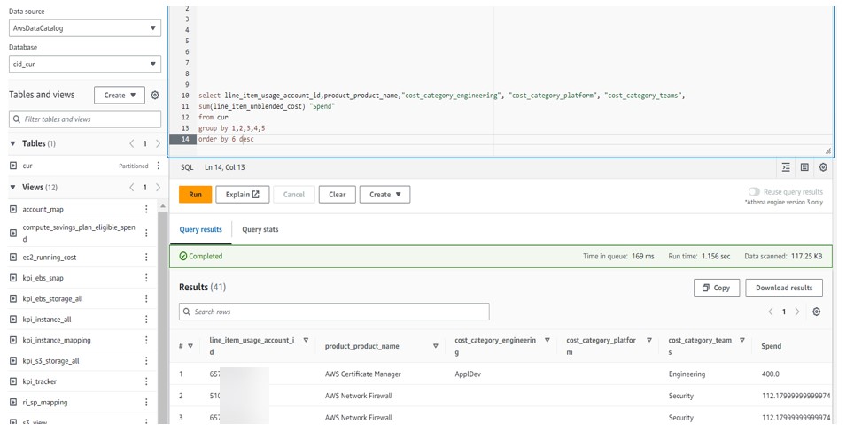 Figure 8. A sample SQL query that fetches spend, account, service, and cost category attributes using AWS Athena