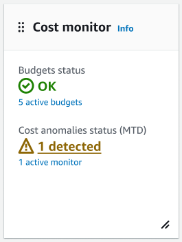 Figure 5: Cost monitor widget. Using the cost monitor widget, Anjali can quickly check budget status and identify whether AWS has identified any cost anomalies. By clicking the cost anomalies status indicator, she can drill into root-cause details.