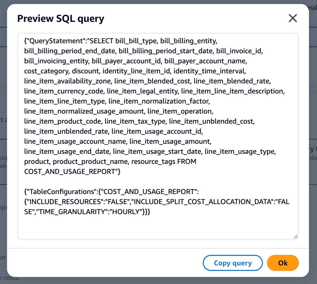 Figure 2: An example of the “Preview your query” output from the visual query builder in the Data Exports console page.