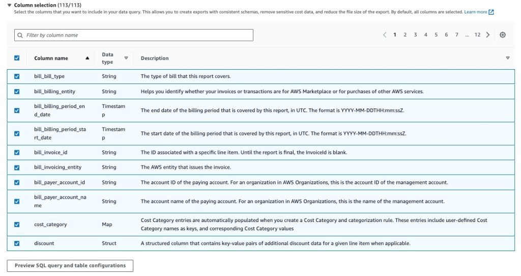 Figure 1: An example of the column selector on the Data Exports console page