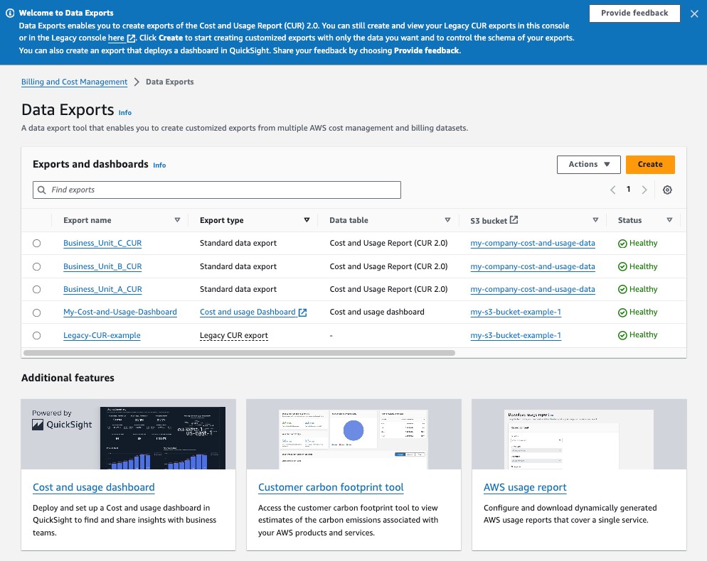 Figure 3: The Data Exports home page in the AWS Billing and Cost Management console